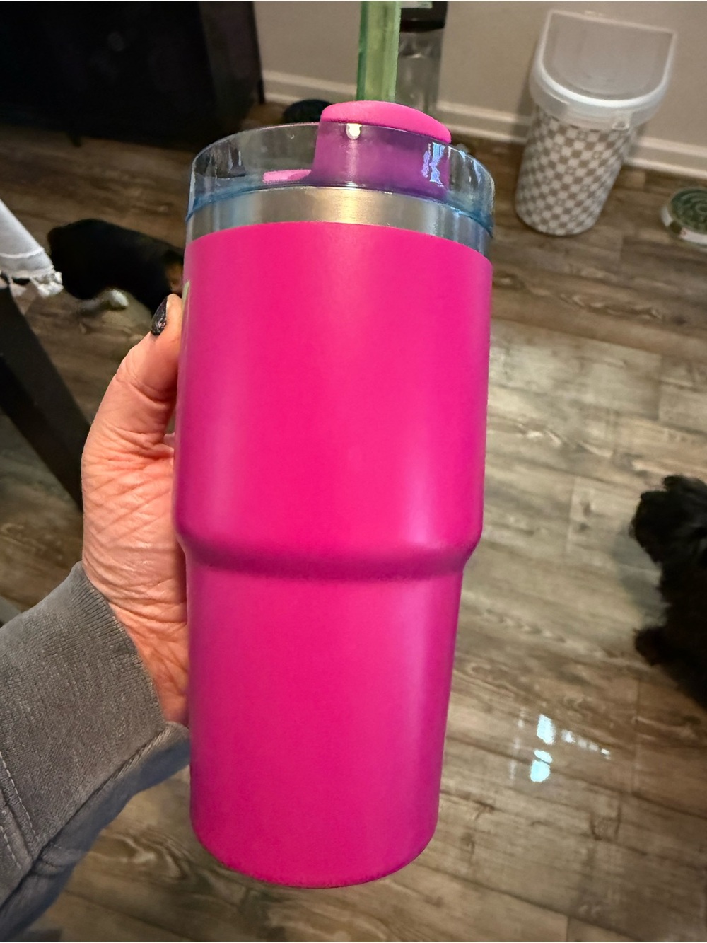 Stanley Hot Pink Tumbler with Neon Yellow Logo and Clear blue lid - Picture 5 of 8